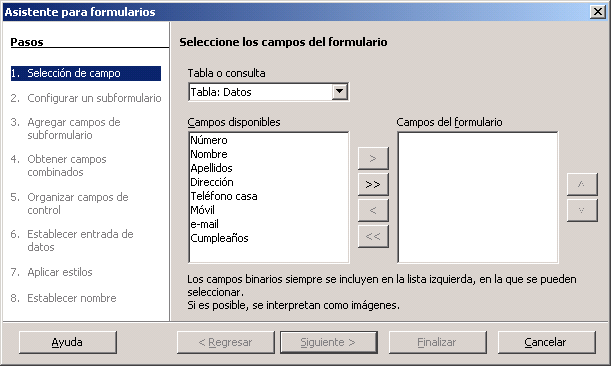 seleccion de campos para formulario